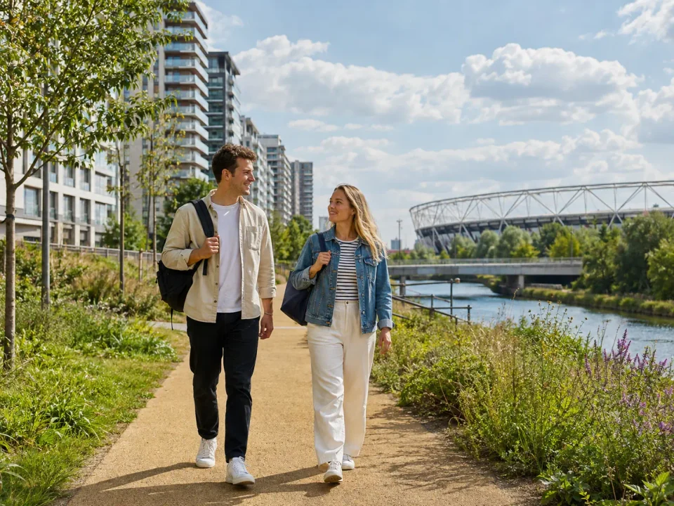 Travellers walking beside Olympic Park waterways and a stadium near Leyton