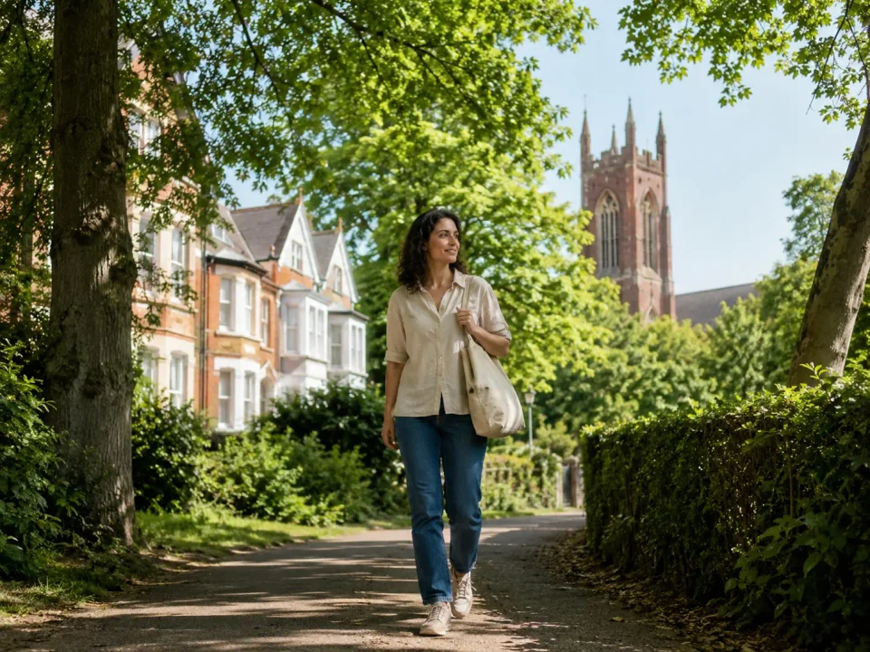 Solo traveller walking through leafy Leytonstone with a church tower beyond