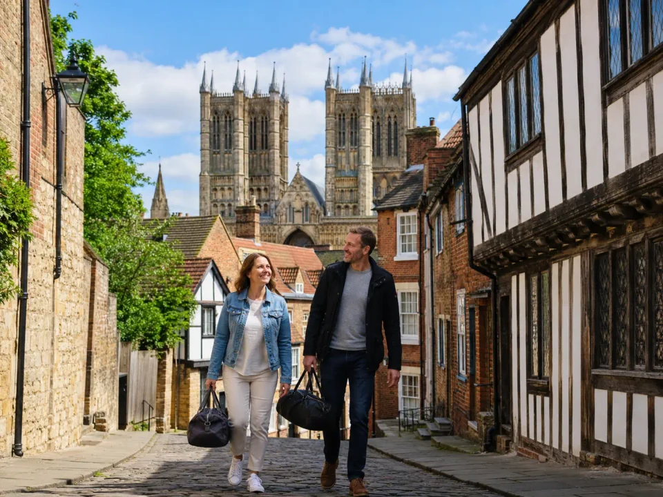 Travellers with luggage walking down Steep Hill beneath Lincoln Cathedral