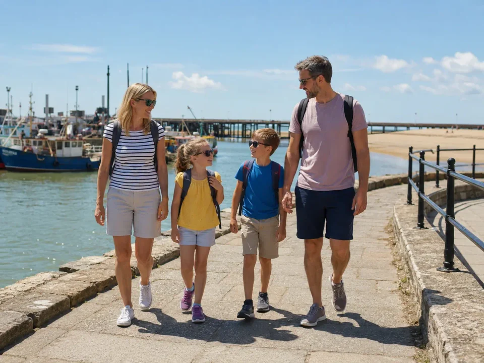 Family visitors walking beside the harbour and seafront in Littlehampton