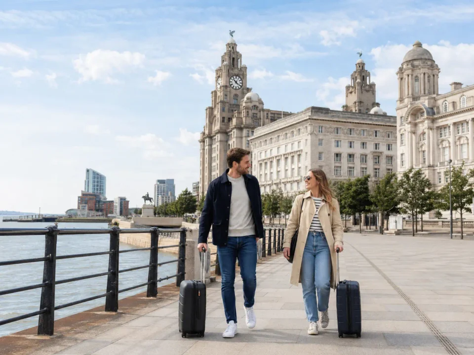 Couple with suitcases walking beside the Royal Liver Building on Liverpool waterfront