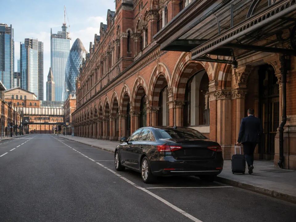 Airport transfer vehicle waiting at the kerb near Liverpool Street station