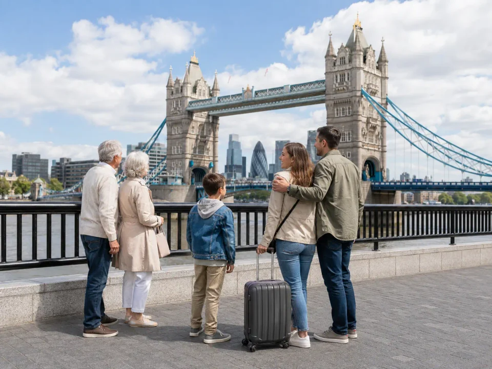 Multigenerational family with luggage overlooking Tower Bridge in London