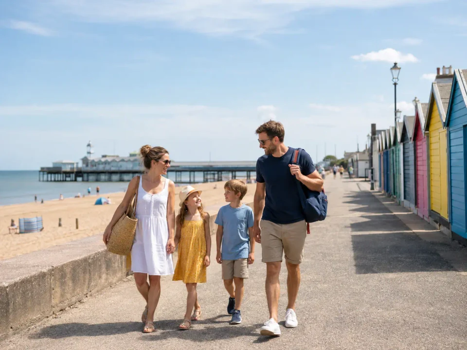 Family visitors walking beside South Beach and beach huts in Lowestoft