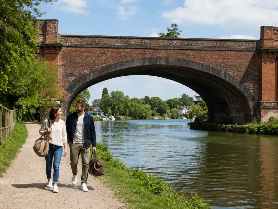 Couple with weekend bags beside the Thames beneath the Sounding Arch in Maidenhead