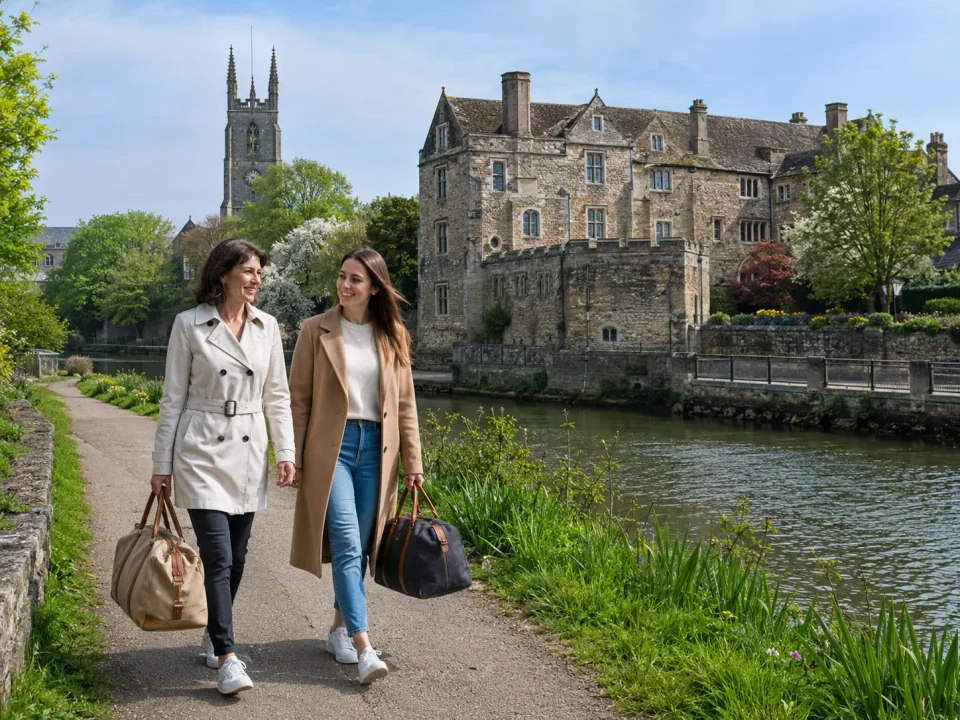 Women travellers with weekend bags beside the River Medway and Archbishops' Palace in Maidstone