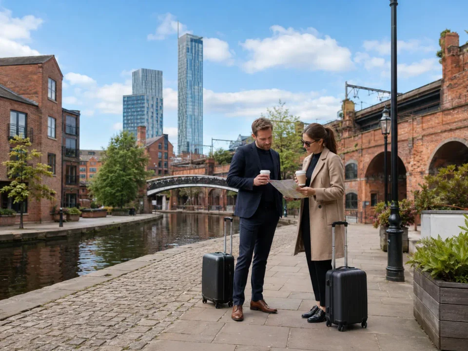 Business travellers planning a route beside the canal and viaducts in Manchester