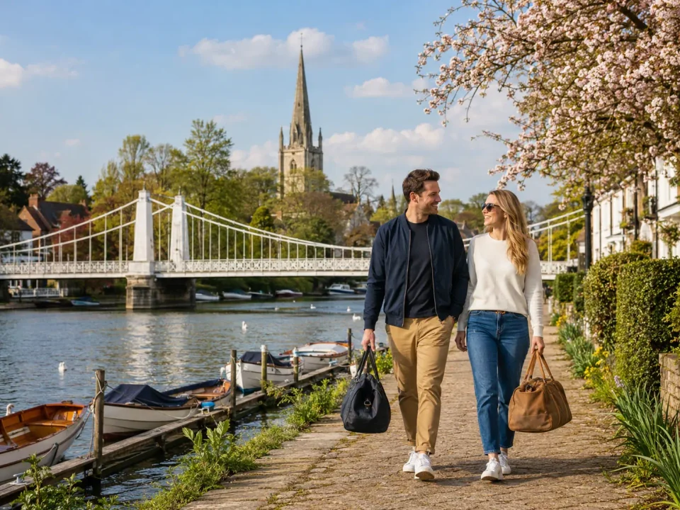Travelling couple with weekend bags beside the Thames and suspension bridge in Marlow