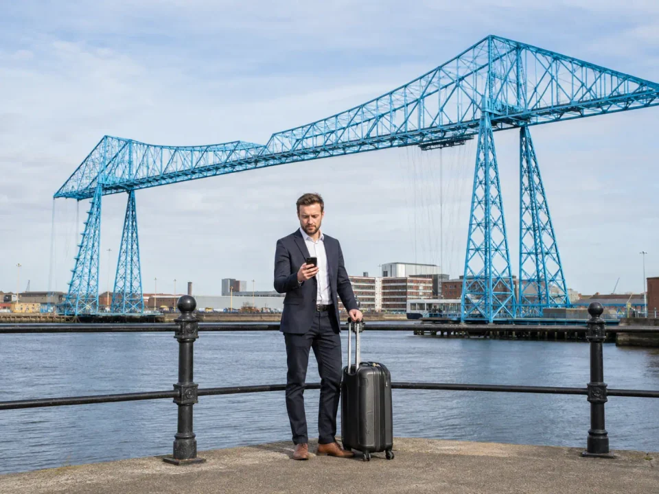 Business traveller with a suitcase beside the Tees Transporter Bridge in Middlesbrough