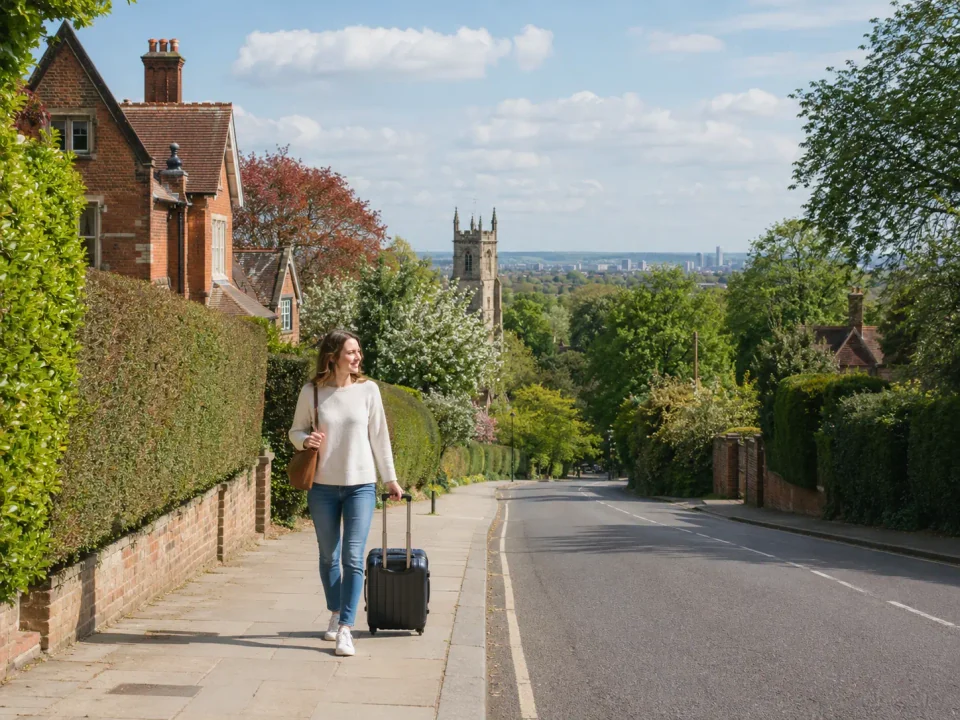 Solo traveller with a suitcase walking along the leafy Ridgeway in Mill Hill