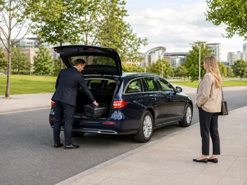 Chauffeur loading luggage into an executive estate beside Campbell Park in Milton Keynes