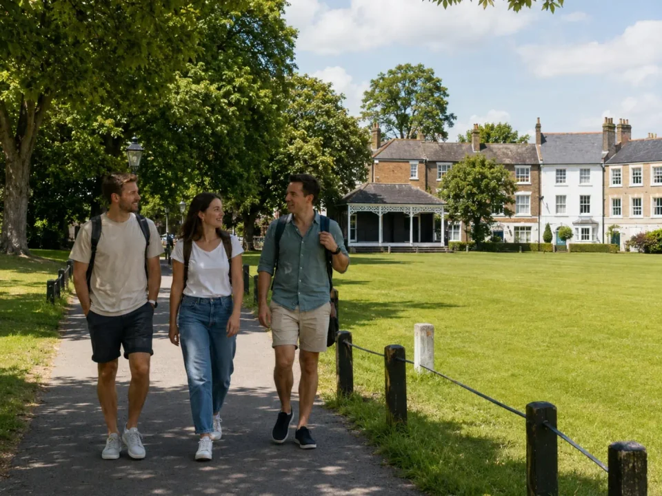 Friends walking beside the Cricket Green and pavilion in Mitcham