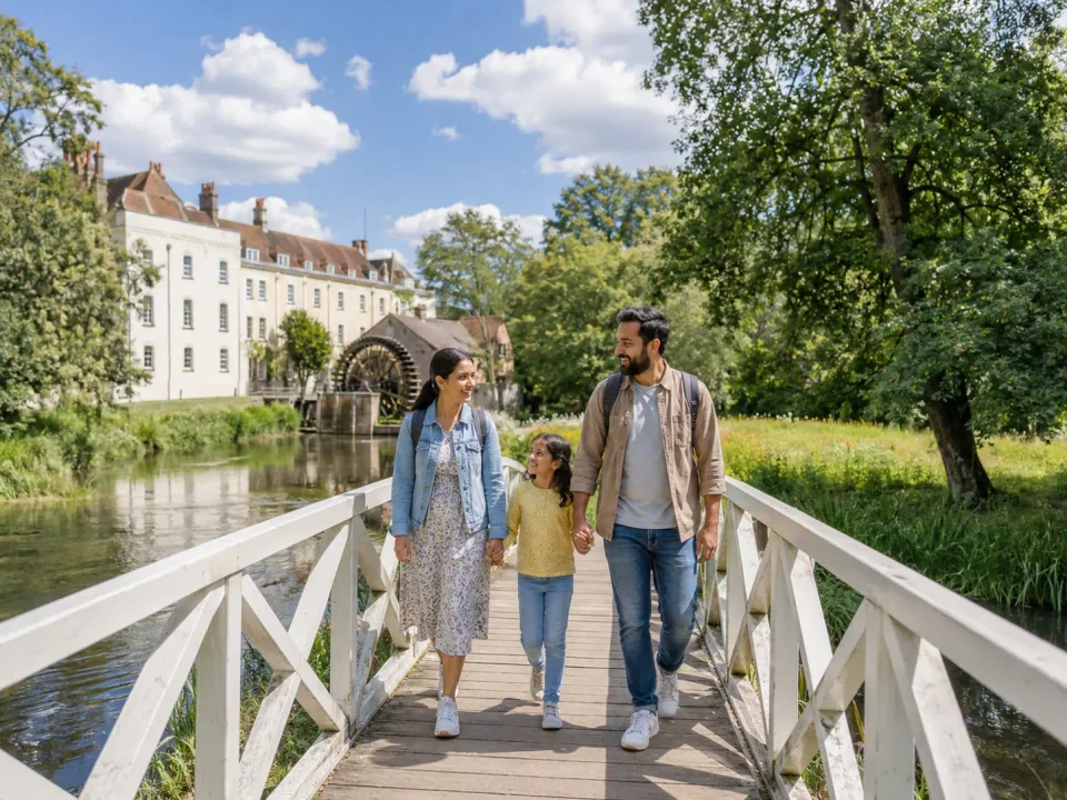 Family visitors crossing a white bridge beside the waterwheel in Morden Hall Park