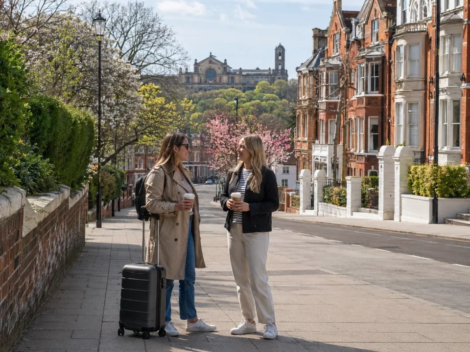 Travellers with a suitcase having coffee below Alexandra Palace in Muswell Hill