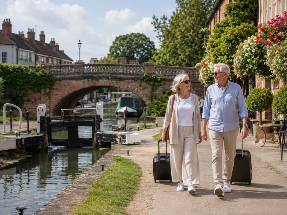 Older travellers with suitcases beside Newbury Lock on the Kennet and Avon Canal