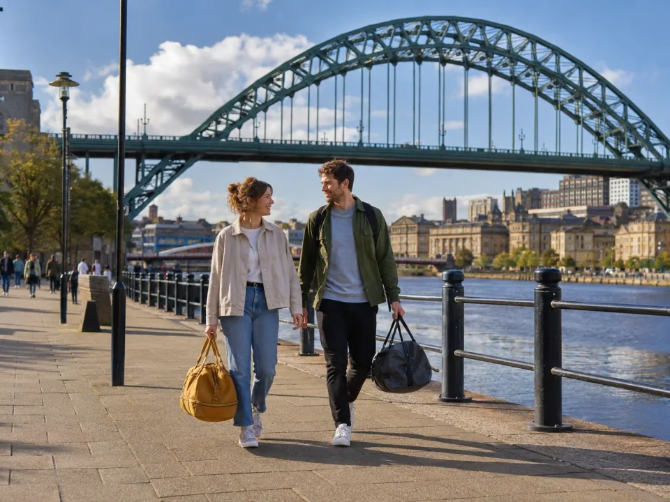 Travelling couple with bags walking beneath the Tyne Bridge on Newcastle Quayside