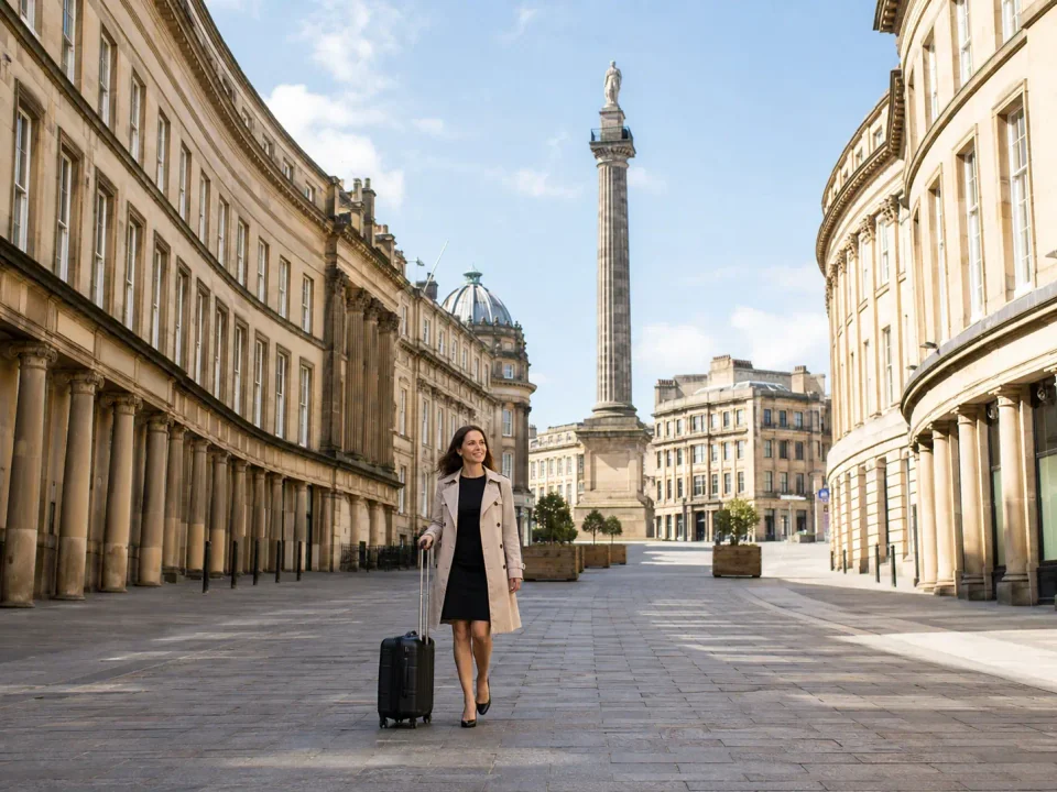 Business traveller with a suitcase walking on Grey Street towards Grey's Monument