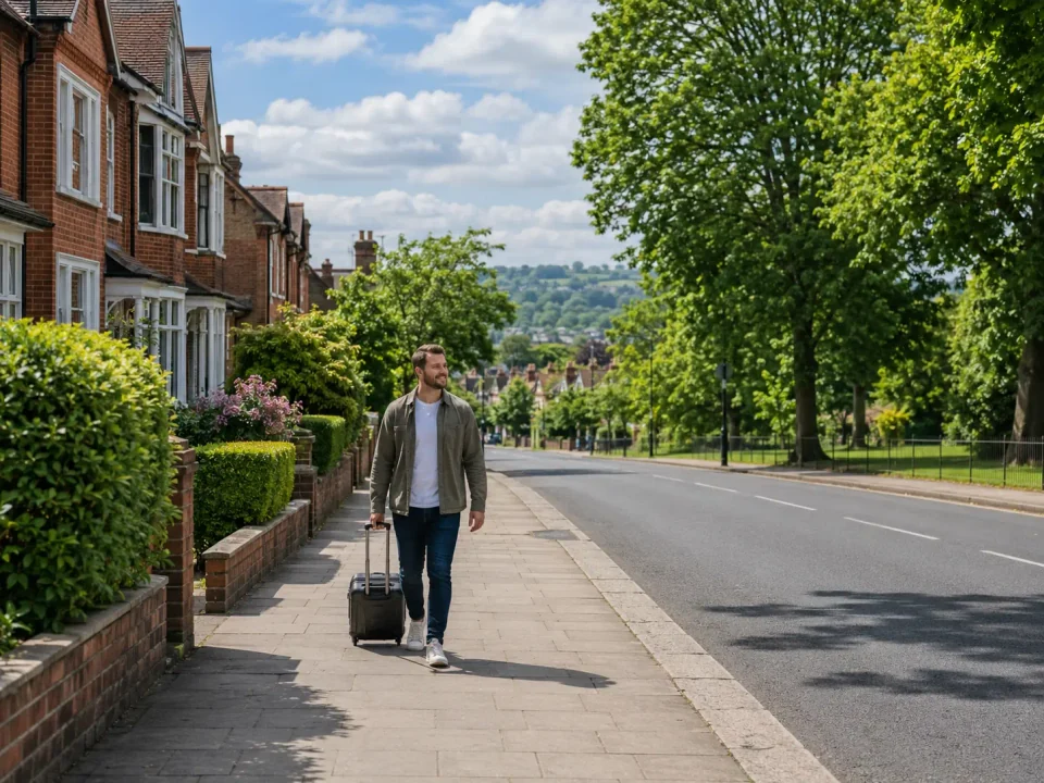 Solo traveller with a suitcase on a leafy pavement beside Norbury Park