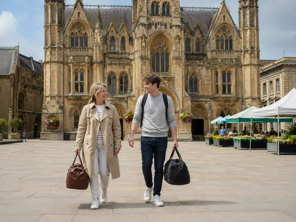 Travellers carrying weekend bags through the market square beside Northampton Guildhall