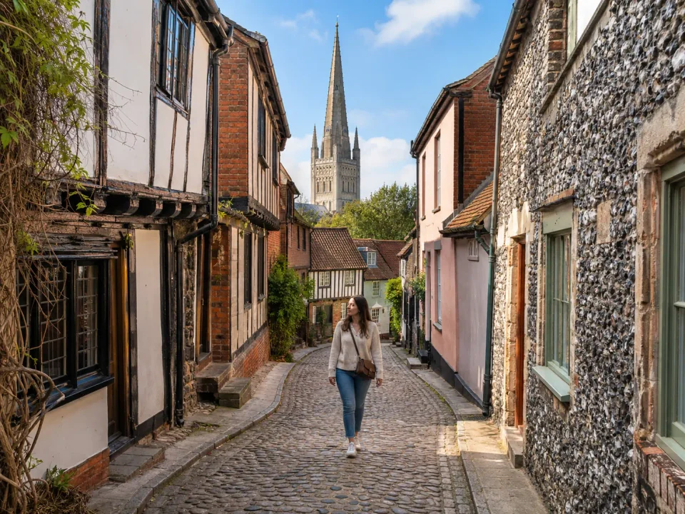 Woman visitor exploring medieval Elm Hill beneath Norwich Cathedral spire
