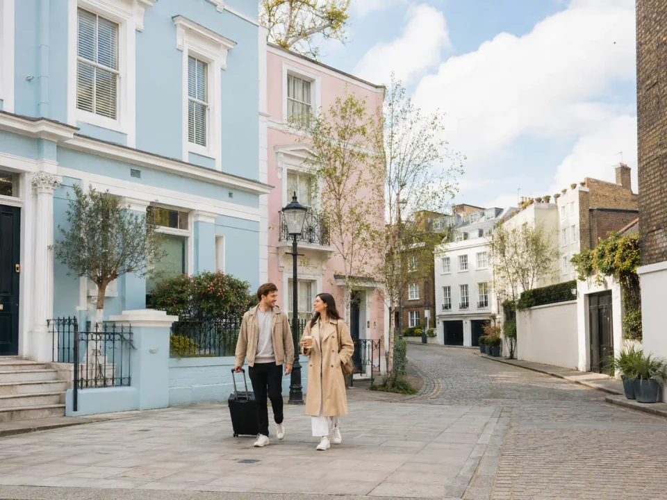 Travelling couple with a suitcase walking past pastel terraces in Notting Hill