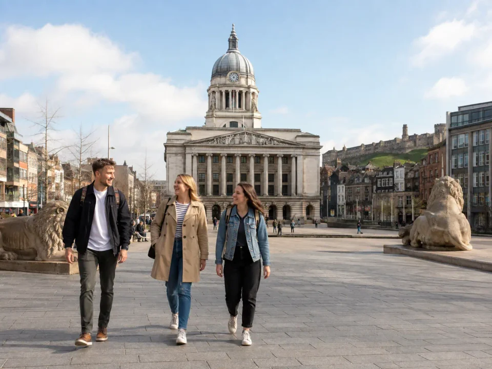 Friends walking through Old Market Square beside the Council House in Nottingham