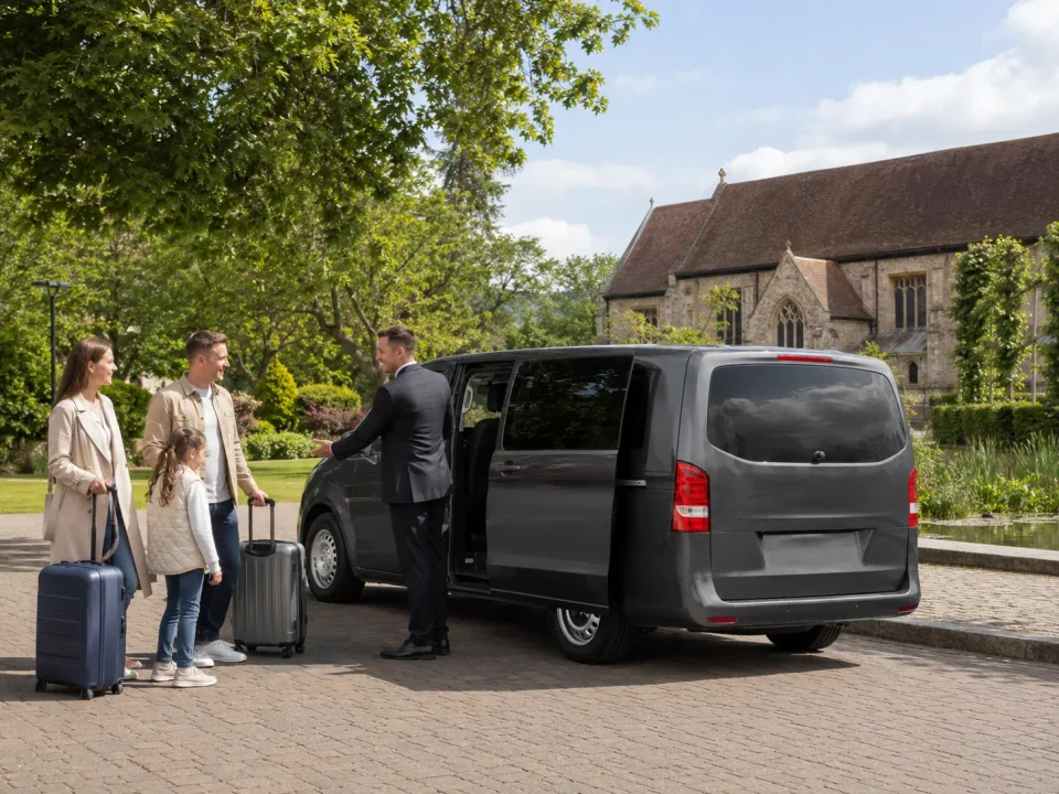 Chauffeur welcoming a family beside a premium van near Priory Gardens in Orpington