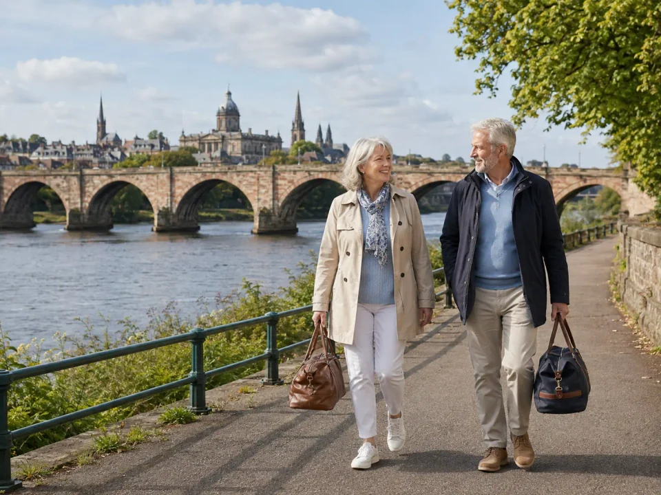 Older travellers with weekend bags beside the River Tay and Smeaton's Bridge in Perth