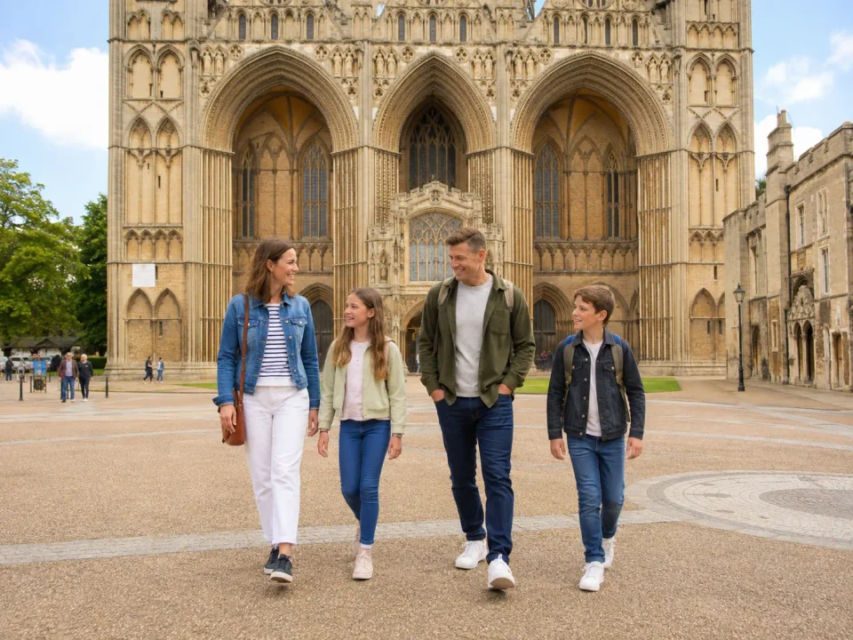 Family visitors walking across Cathedral Square in Peterborough