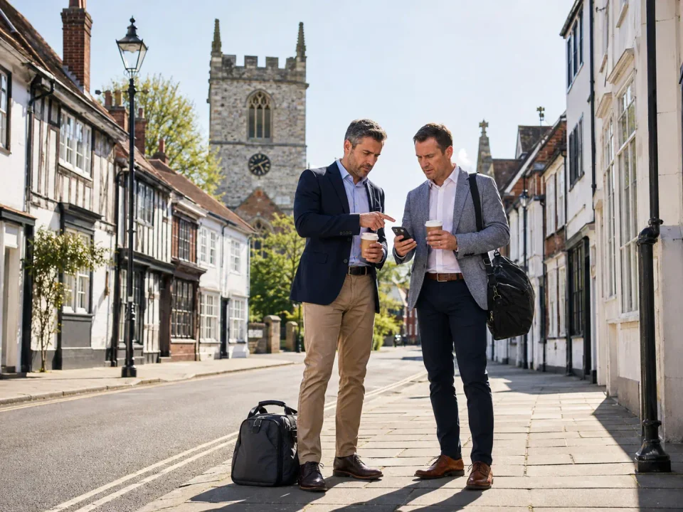 Business travellers planning a route on Pinner High Street beneath the church tower