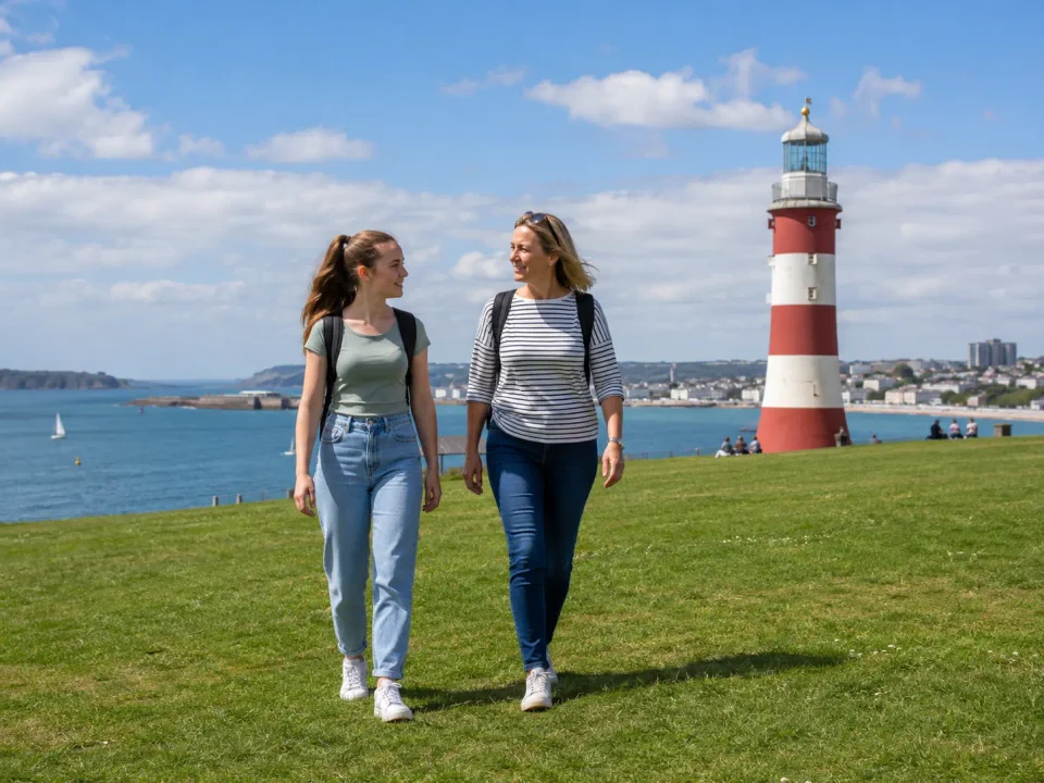 Mother and daughter walking on Plymouth Hoe beside Smeaton's Tower