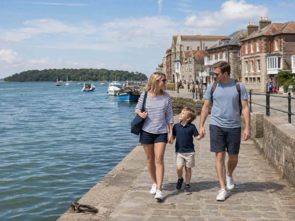 Family visitors walking along Poole Quay beside the harbour