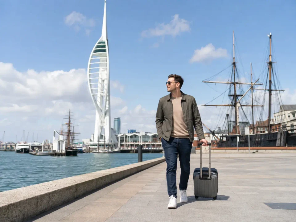 Solo traveller with a suitcase beside Spinnaker Tower and the historic dockyard in Portsmouth