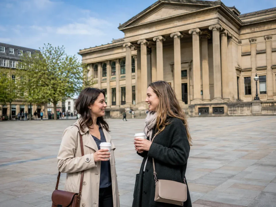 Women travellers having coffee in Market Square outside the Harris building in Preston