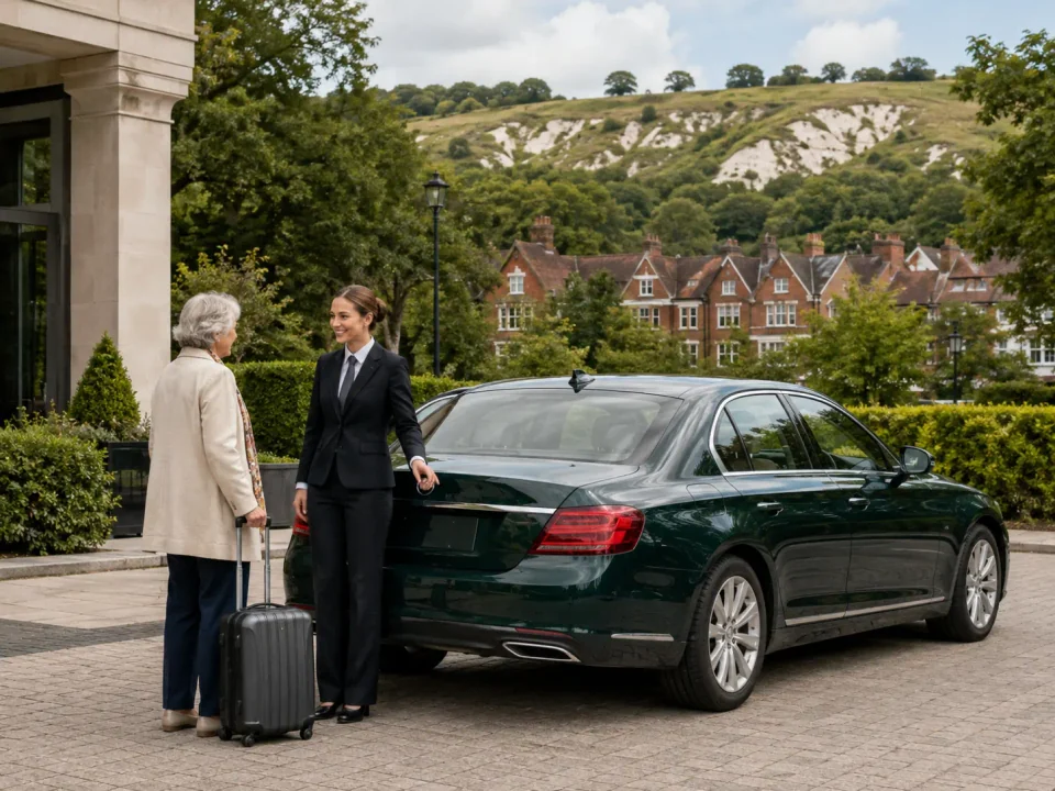 Female chauffeur welcoming a passenger beside an executive saloon in a Purley forecourt