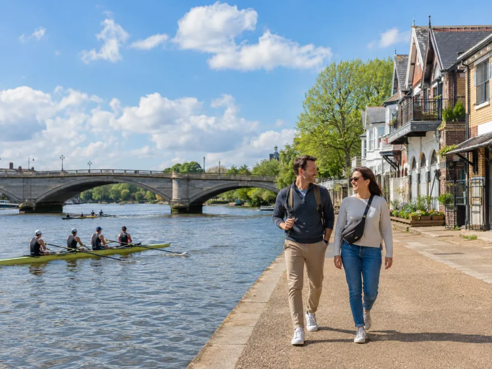 Travelling couple walking beside the Thames and rowing crews near Putney Bridge