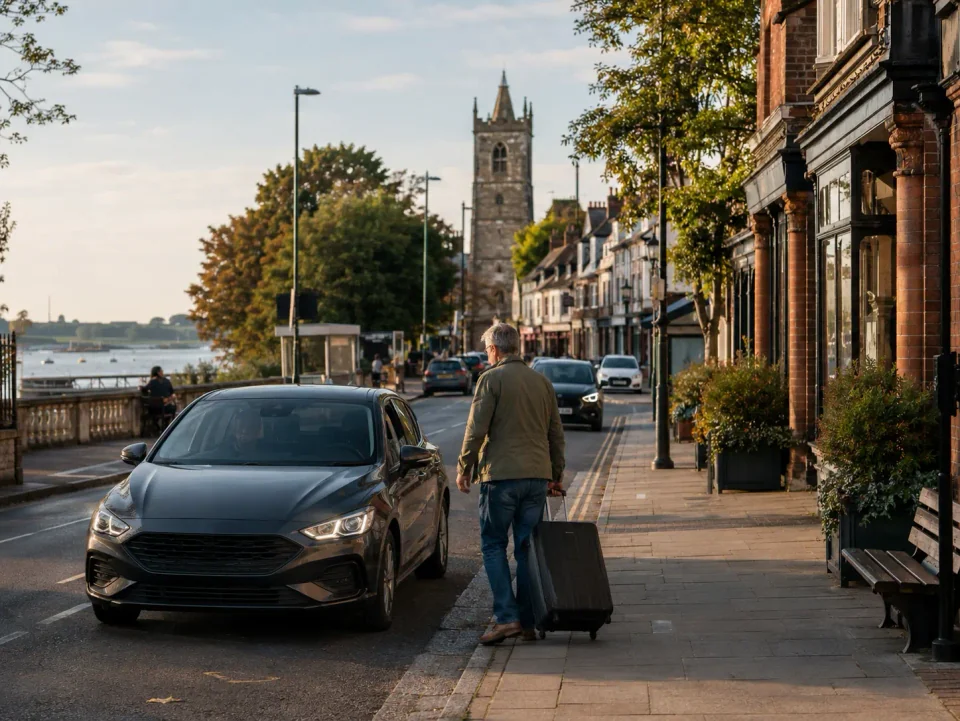 Airport transfer vehicle parked at the kerb on a Rayleigh high street