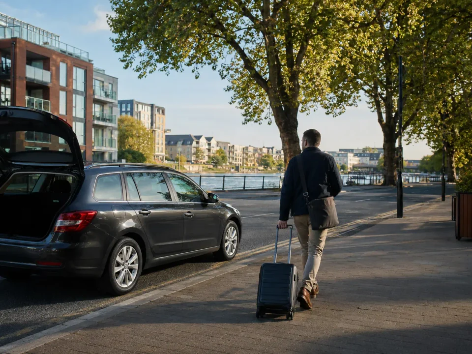 Airport transfer vehicle stopped at the kerb on a Reading street