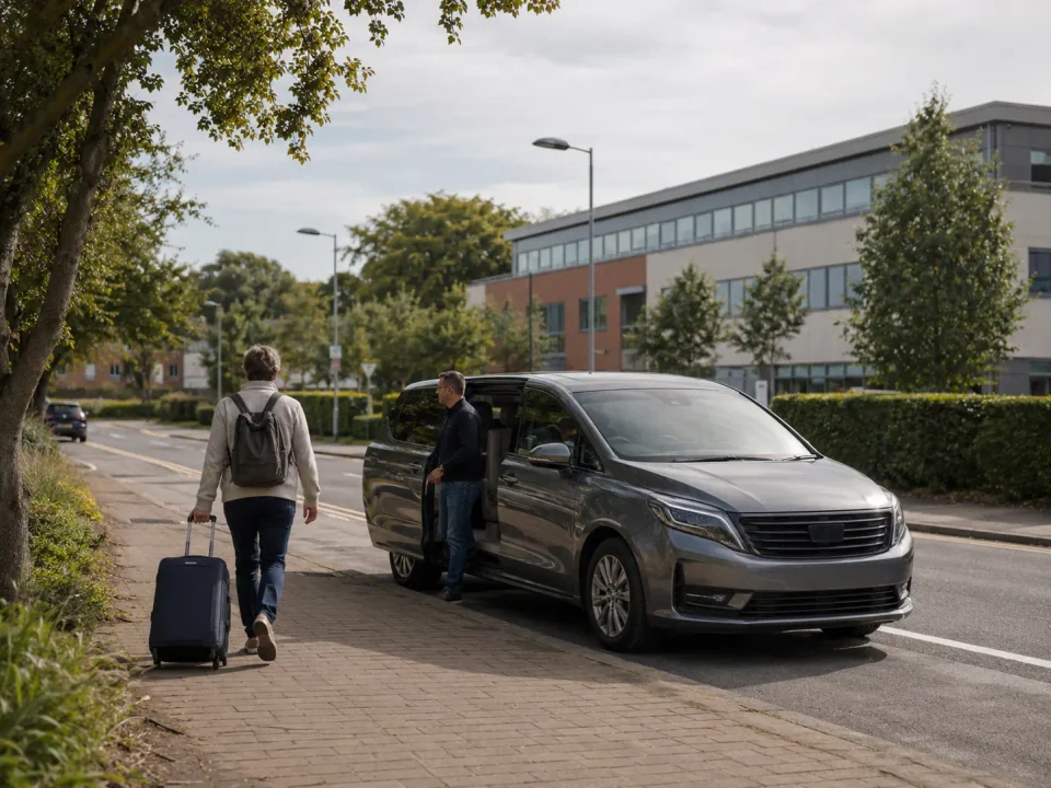 Airport transfer vehicle stopped at the kerb in Redhill town centre