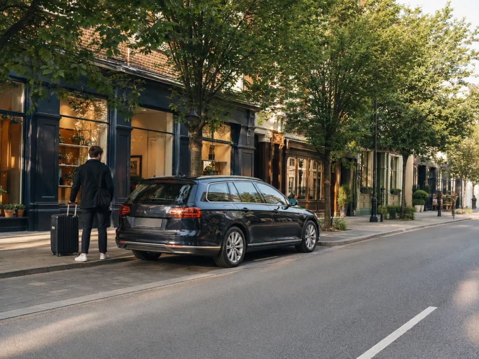Airport transfer vehicle waiting at the kerb on a Reigate high street