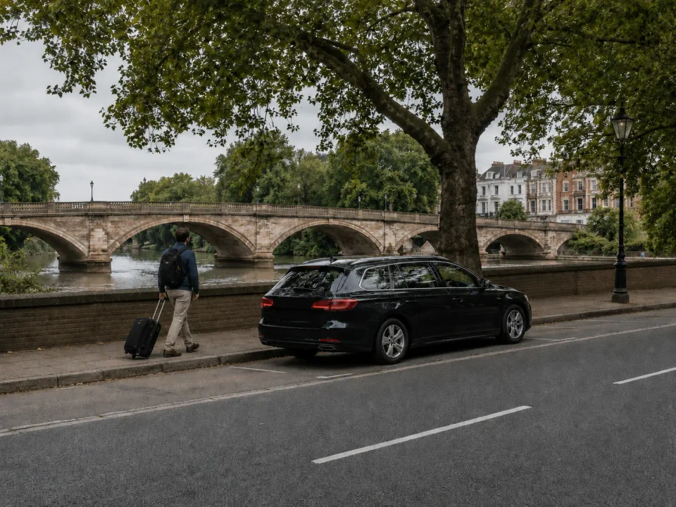 Airport transfer vehicle stopped at the kerb near Richmond riverside