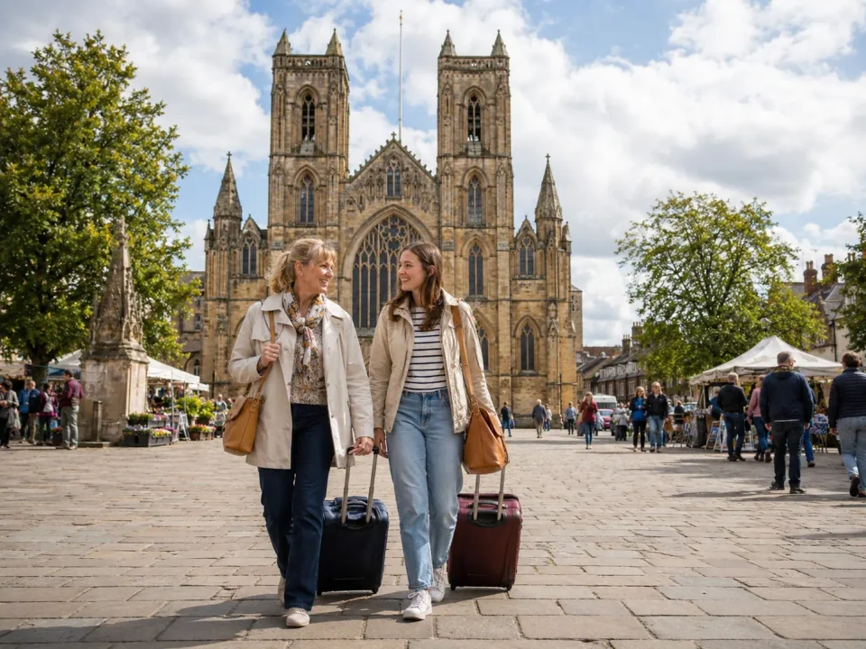 Mother and daughter with suitcases walking through the market place outside Ripon Cathedral