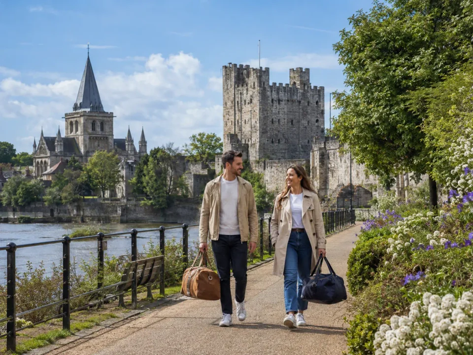 Travelling couple with bags beside the River Medway below Rochester Castle and Cathedral