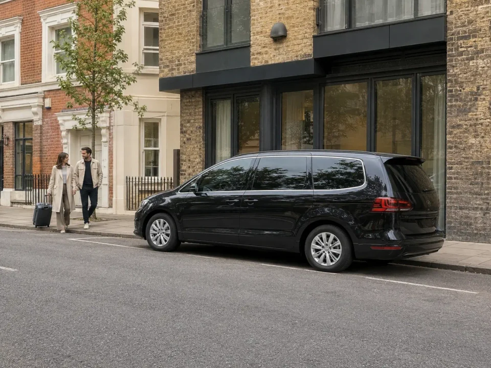 Airport transfer vehicle stopped at the kerb on a Romford street