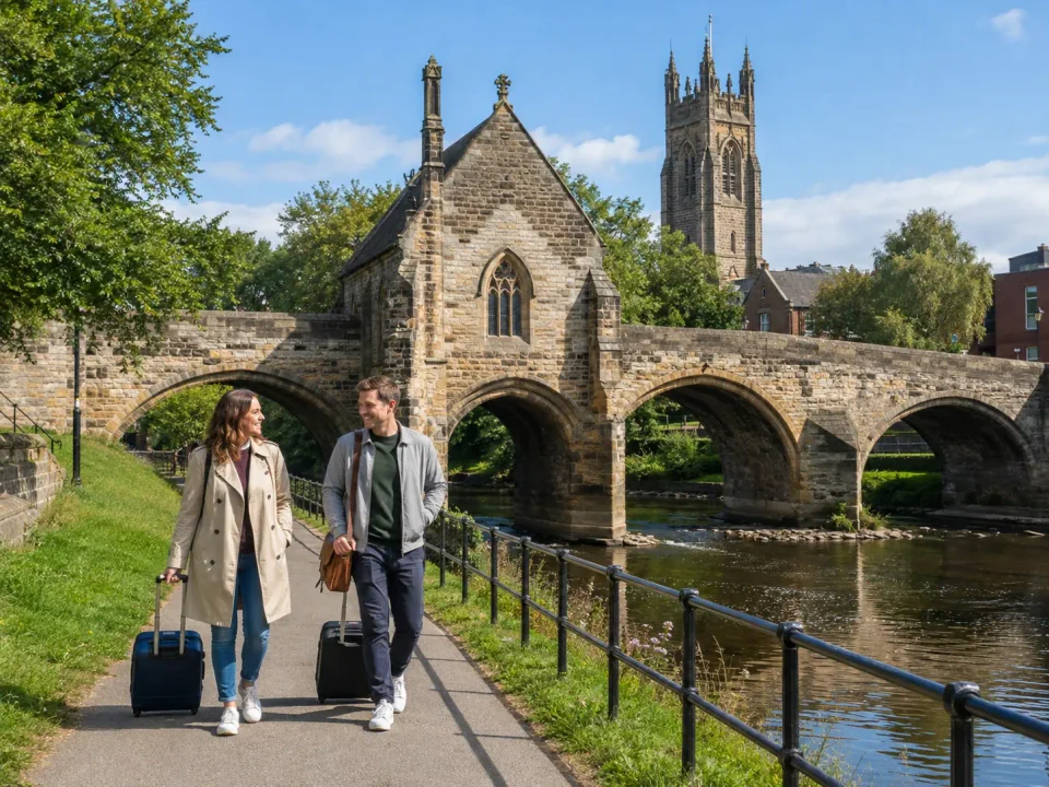 Travellers with suitcases beside the Chapel on the Bridge and Minster in Rotherham