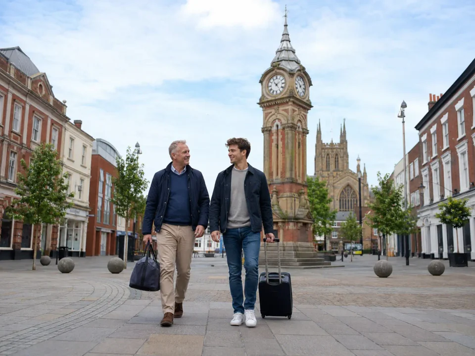 Father and son with travel bags walking past the Jubilee Clock Tower in Rugby