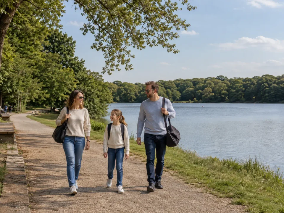 Family visitors walking beside the lake and woodland at Ruislip Lido