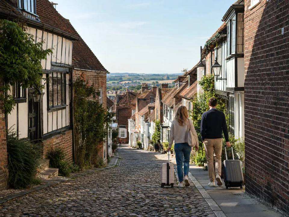 Travellers with suitcases walking down a cobbled historic street in Rye