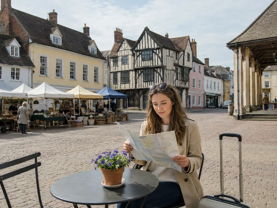 Woman traveller planning her route in the historic market square at Saffron Walden
