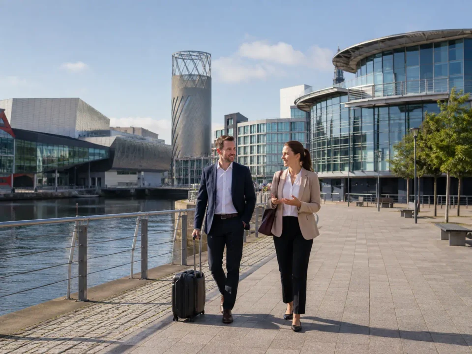 Business travellers with luggage walking beside the water at Salford Quays